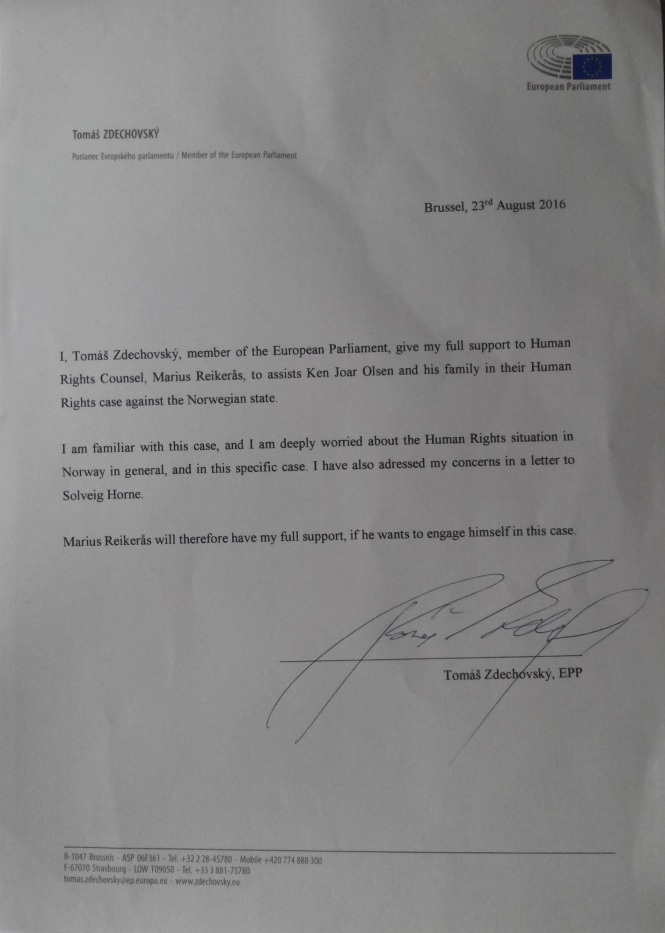 Letter from Tomáš Zdechovský giving his full support to Marius Reikerås in assisting our family in our human rights cause against the Norwegian state